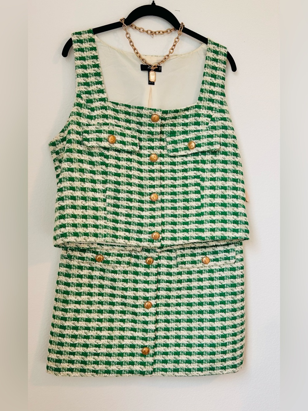 AQUA Green Tweed 2 piece suit Gold Button Preppy Sheath Size XL